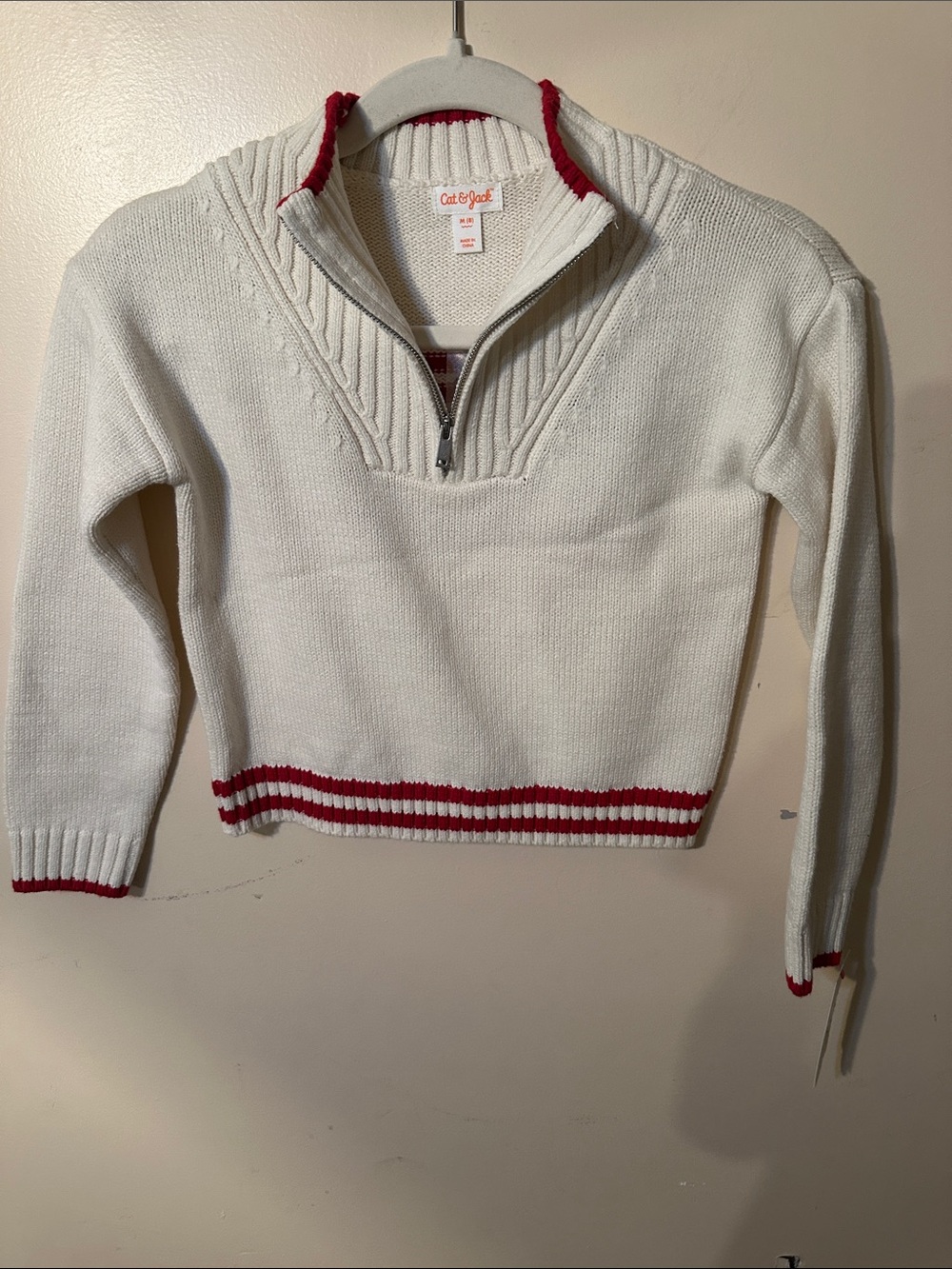 Cat & Jack Cream Knit Quarter-Zip Sweater with Red Trim American Flag on back